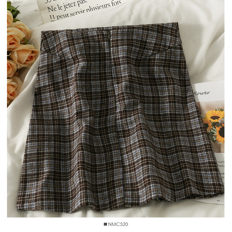 Vintage Plaid high waist thin tweed A-shaped skirt  2646