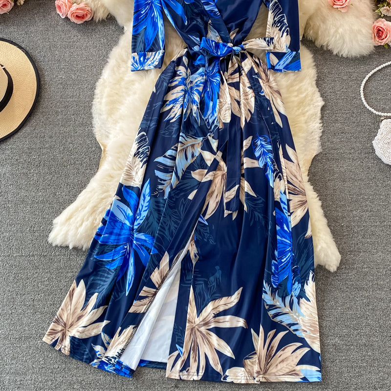 Split one piece wrap dress V-neck print dress  3227