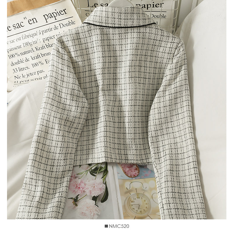 French small Plaid loose Lapel long sleeve small shirt top  2102