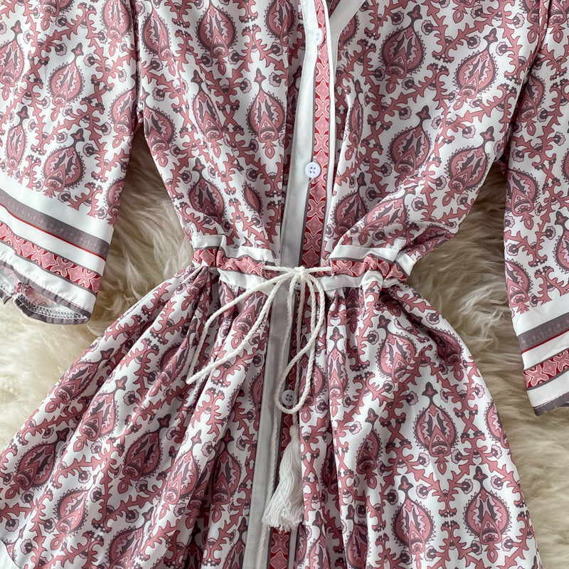 Einreihiges Kleid mit V-Ausschnitt, großer Blumenrock, langer Rock 2969