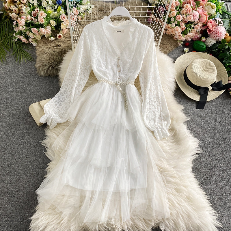 Mesh Ruffle lace patchwork cake skirt dress  3282