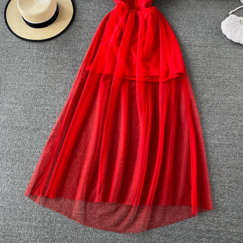 High waist mesh stitched fairy suspender skirt  3310