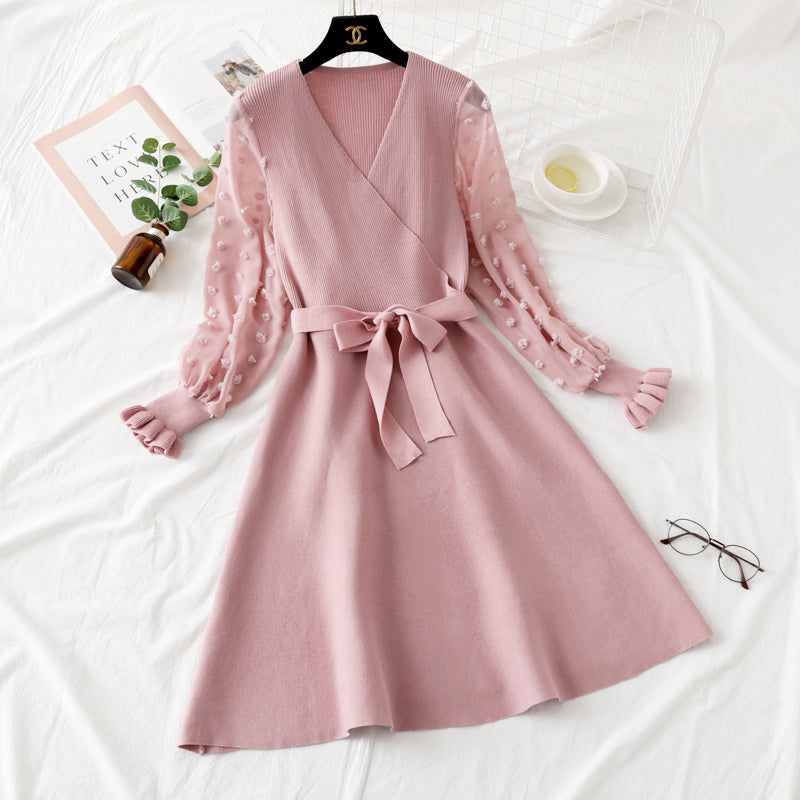 Bottomed skirt bubble sleeve lace stitching long sleeve knitted dress slim fit  2453