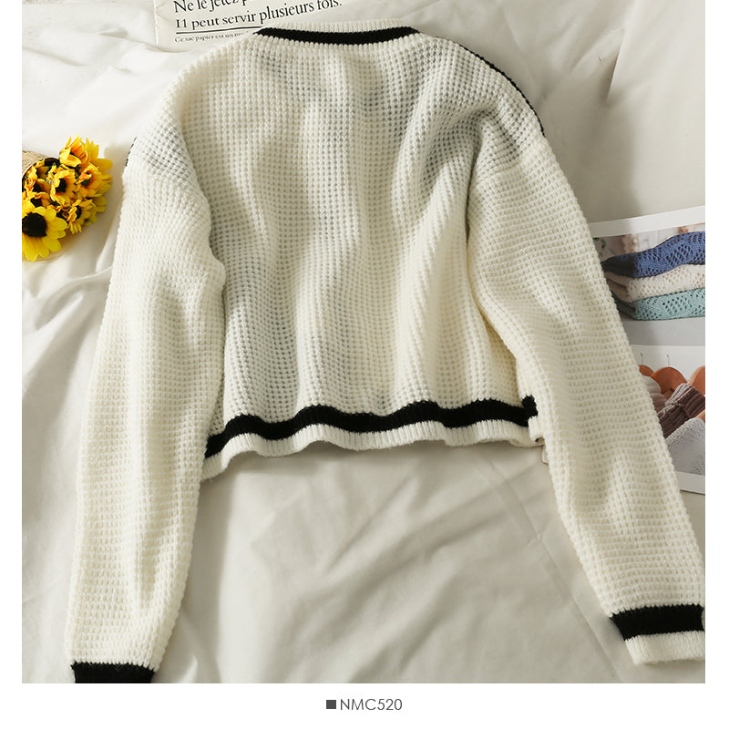 Korean contrast stitching short single breasted outer sweater  2045
