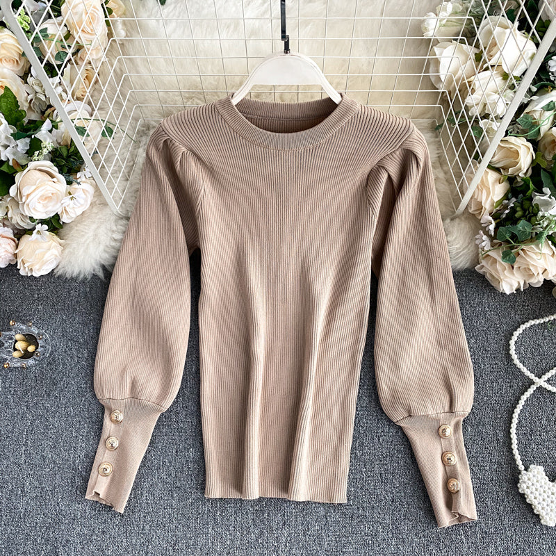 Top Damen-Blasenärmel innen und außen Wollpullover 1574