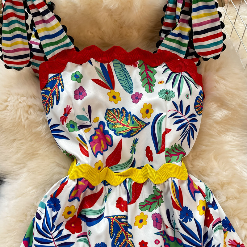 Waist slim temperament suspender large swing Printed Dress  3321