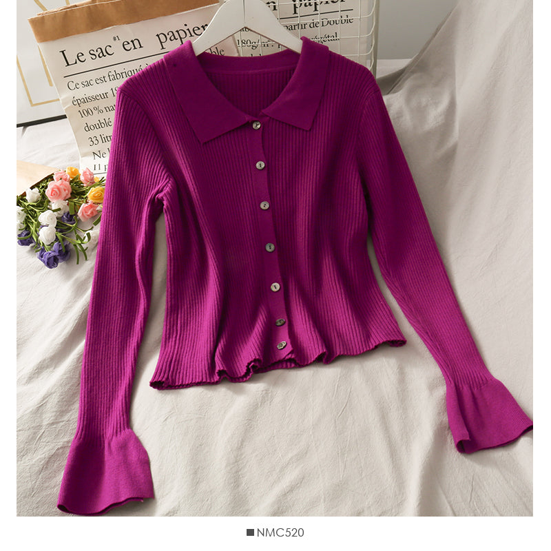 Lapel cardigan top female slim fit versatile sweater  1744