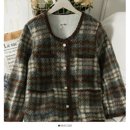 Veste en laine à simple boutonnage pour femme style Hong Kong Vintage Plaid 2124