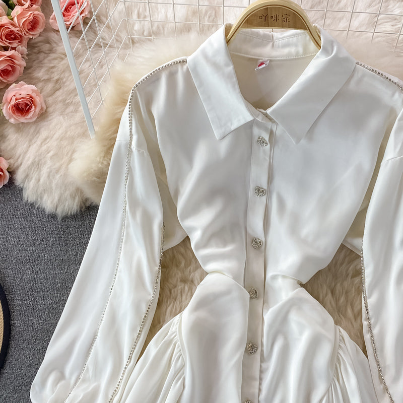 Slim long sleeve A-line shirt skirt waist puffy dress  3356