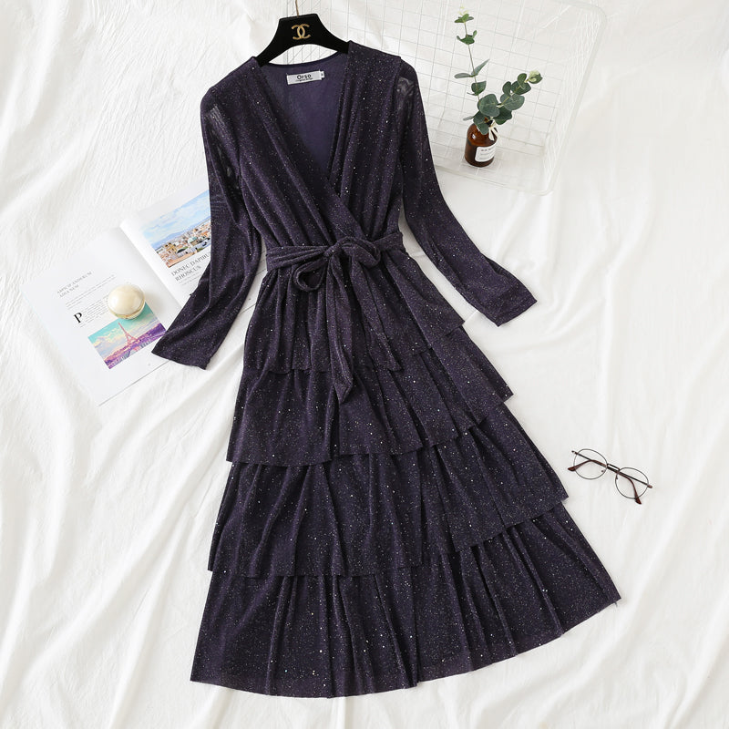 Temperament V-neck Crystal Mesh glittering cake dress  2448
