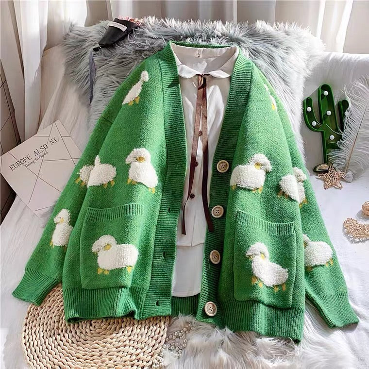 Languid lazy wind sweater , loose sweater of spring and autumn, lovely sheep embroidery cardigan  1459