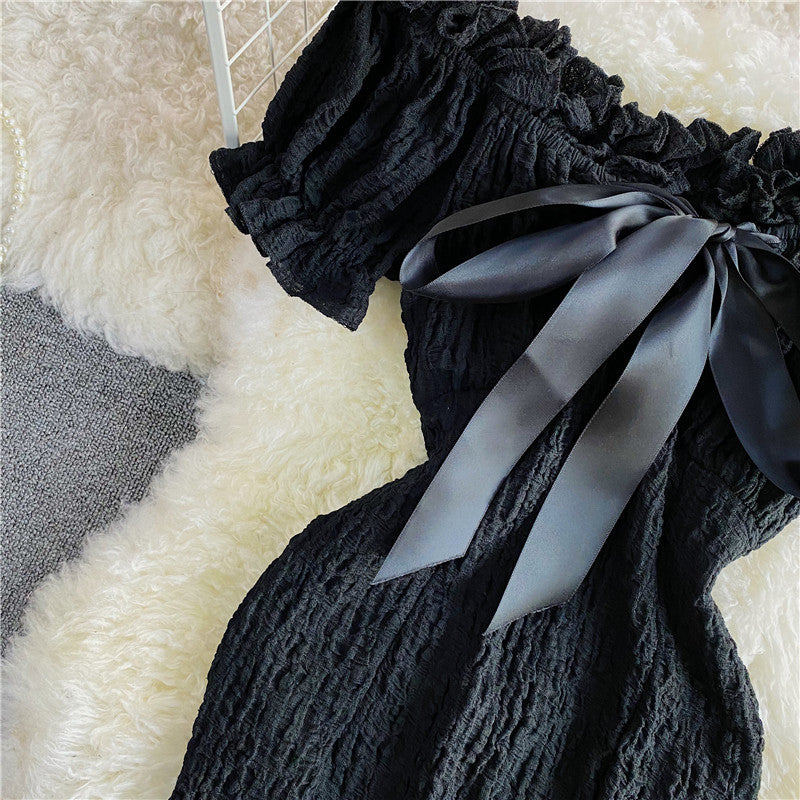 Retro süße Taille geschlossenes dünnes schulterfreies rückenfreies Kleid 2851