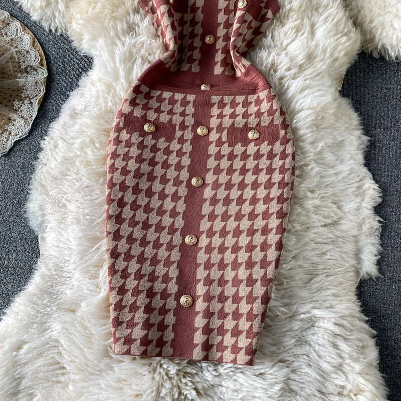 Slim Plaid buttock knit dress one step skirt  2755