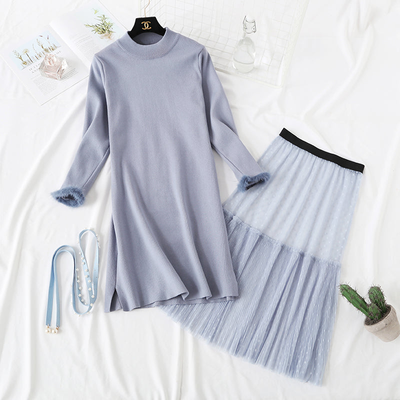 Long skirt over knee sweater knitted dress fashion suit  2472