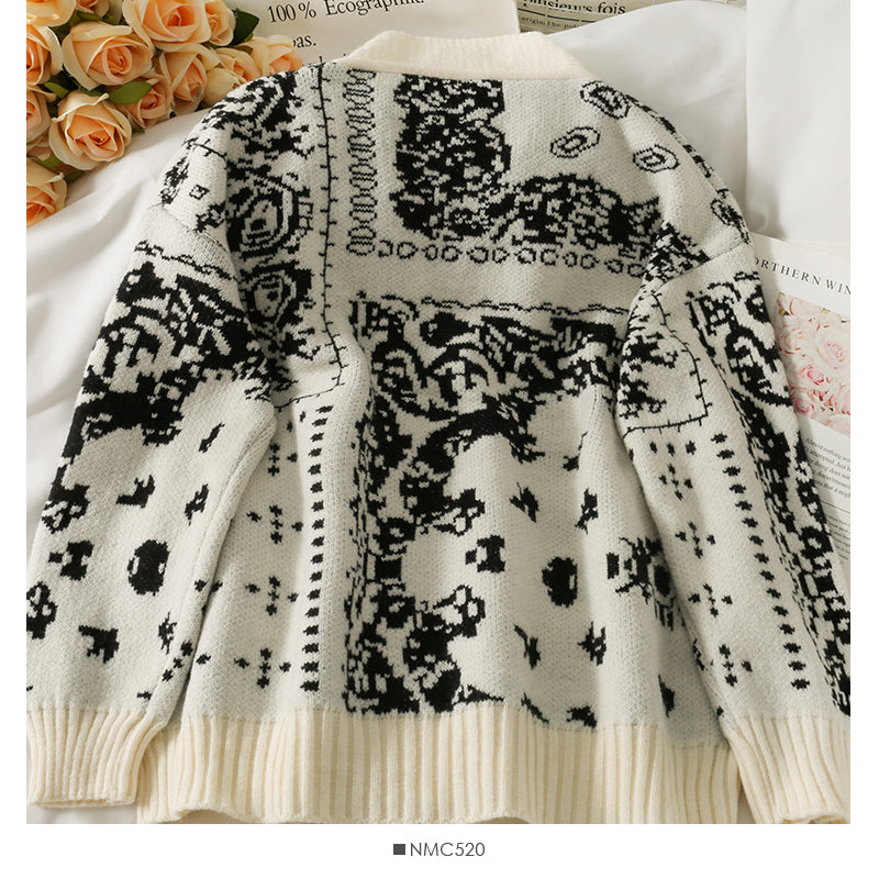 Vintage printed single breasted cardigan loose sweater women's new V-Neck long sleeve versatile sweater fashion  2031
