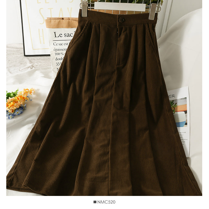 Hong Kong style retro high waist medium length casual A-line skirt  2574