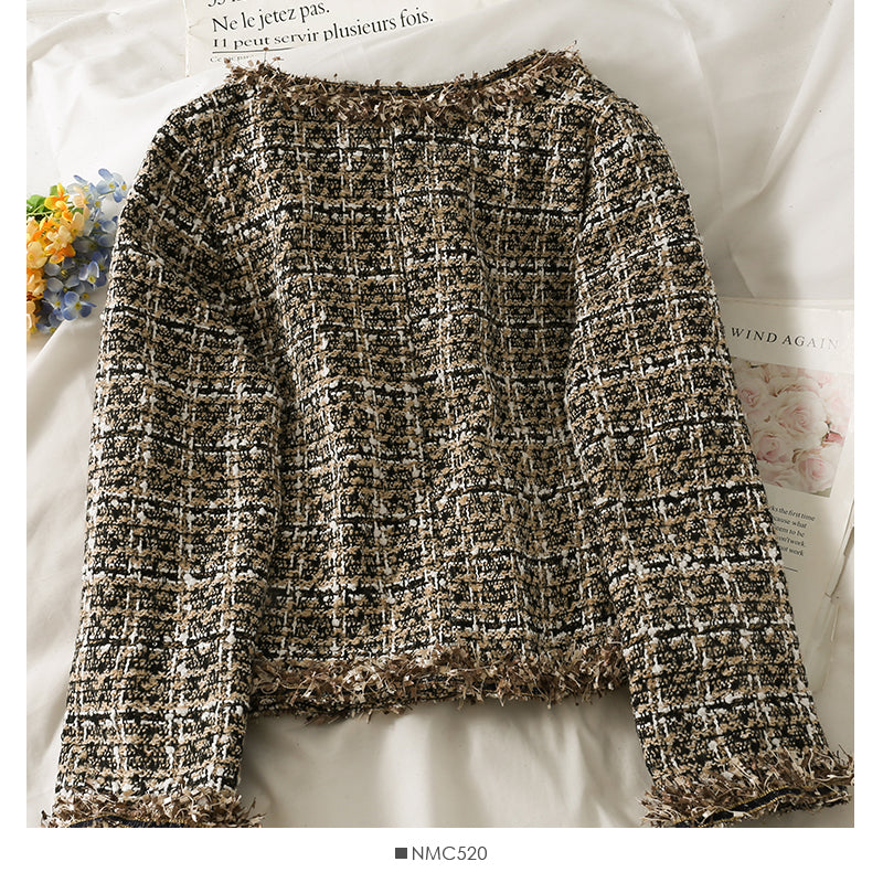 New coat round neck single breasted design Korean versatile Vintage Plaid knitted cardigan tassel  2090