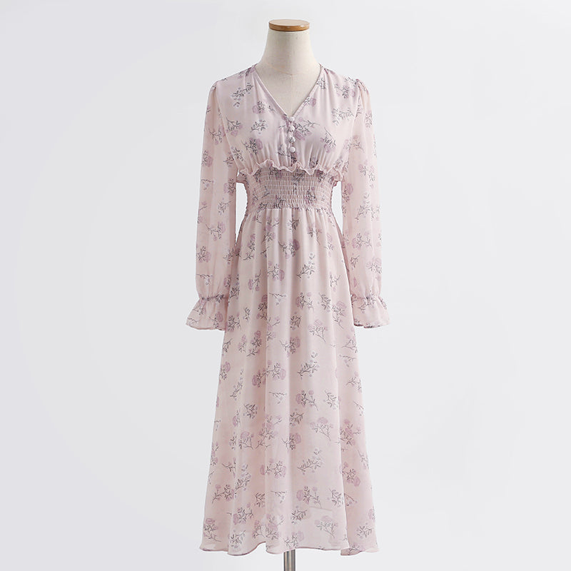 Long sleeved chiffon skirt Floral Dress  2158