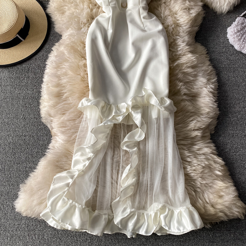 Sexy bra exposed shoulder bag hip fishtail dress yarn  3154