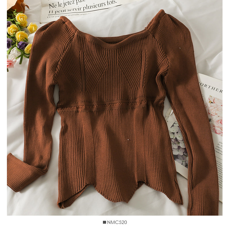 Irregular tight long sleeved foreign style sweater, women's straight shoulder exposed collarbone, versatile  1938