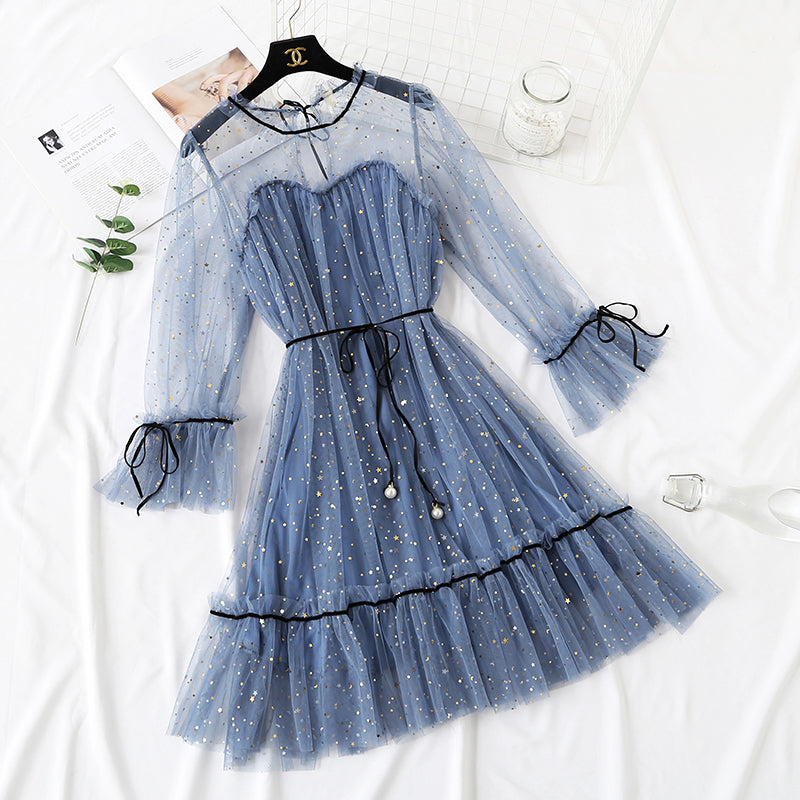 Sequin lace mesh dress women's autumn and winter loose bottomed doll dress  2173