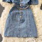 Bubble sleeve Lapel denim dress  2965