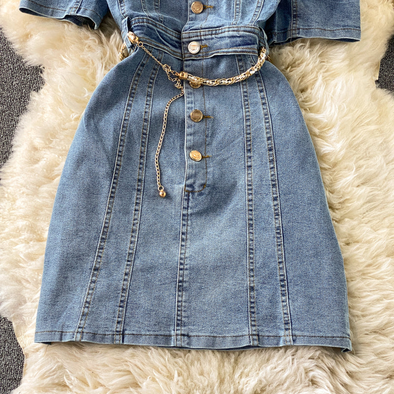Bubble sleeve Lapel denim dress  2965