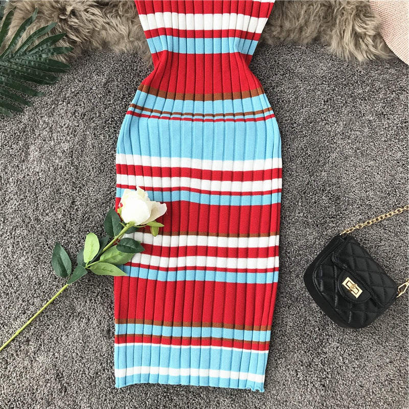 Hip Wrap color stripe suspender knit dress  3278