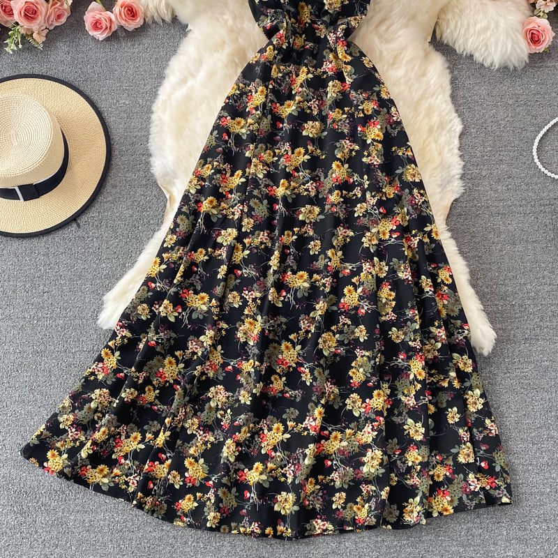 French retro style backless floral suspender dress  2902