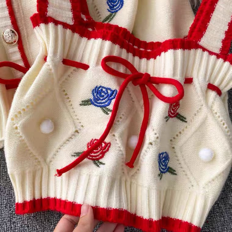 Strick-Cardigan, Vintage, gestickte Blume, lockerer Langarm-Pullover, kurzer Absatz, Spaghettiträger-Oberteil, süße Zweier-Sets 1339