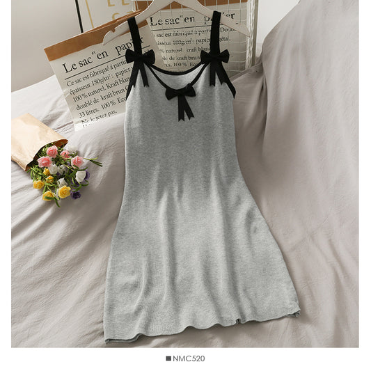 Women's spliced bow low neck open back knitted suspender skirt  2674