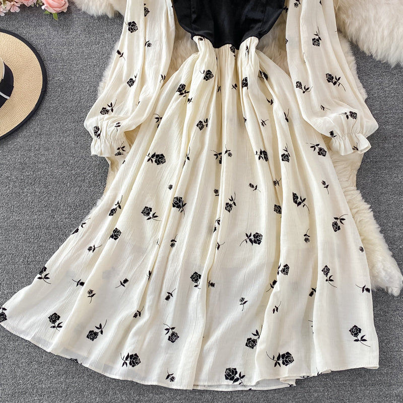 Gentle wind velvet stitched square neck dress  3253