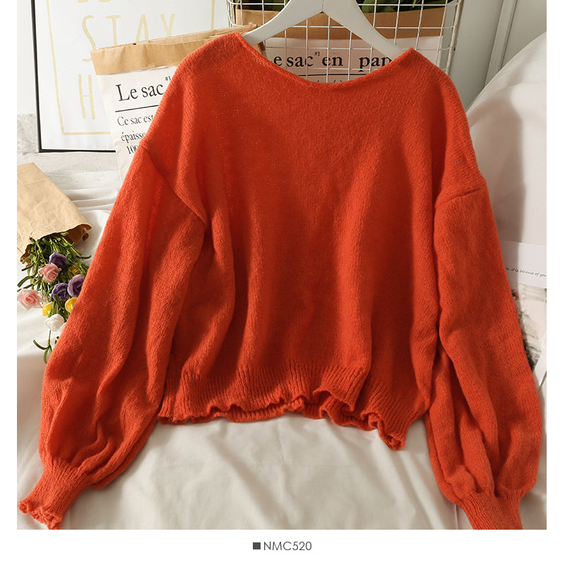 Slim low neck Pullover long sleeve top women's new solid color versatile curled sweater  2022