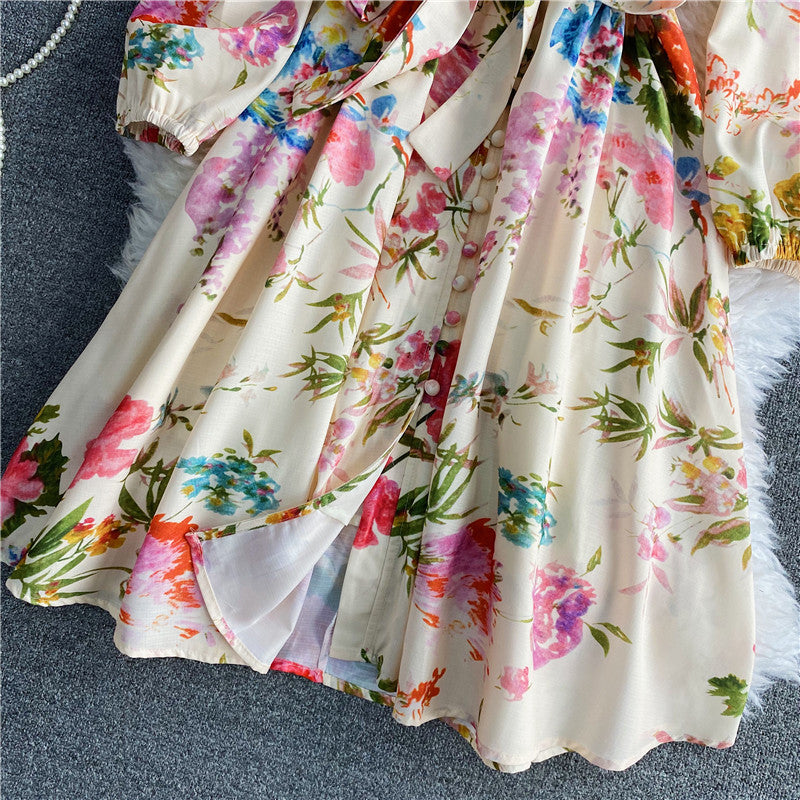 French first love skirt fairy skirt sweet printed bubble sleeve  3166