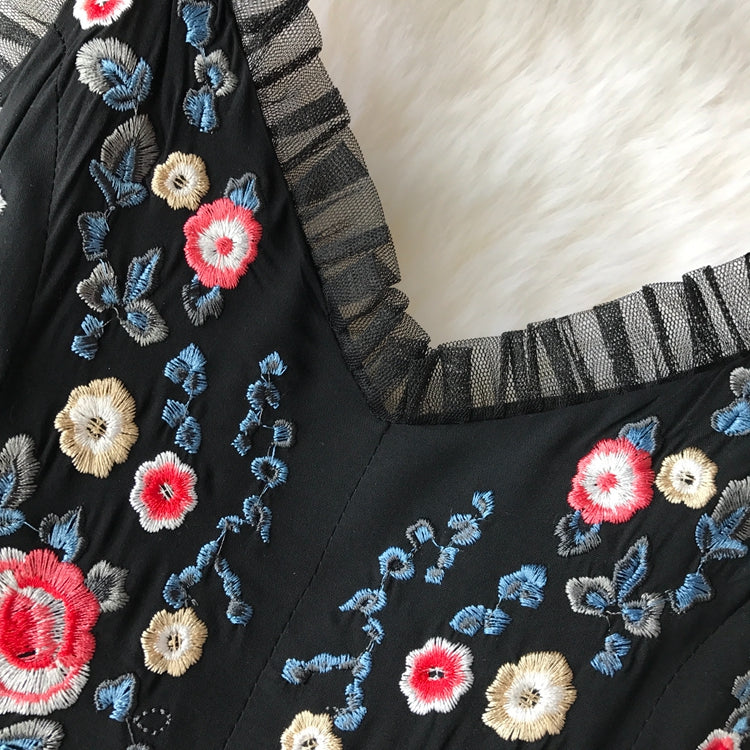 Embroidered Flower high waist thin mesh puffy dress  3397