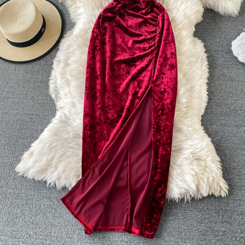 Velvet suspender split dress  3050