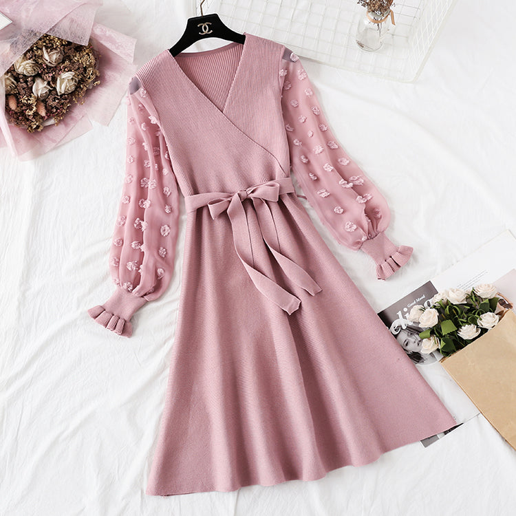 Small fragrance skirt children's French retro waist shows thin temperament V-neck  2145