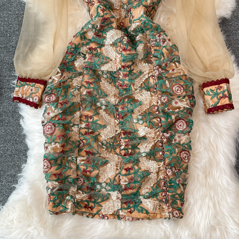 Stand collar mesh embroidery waist bag hip dress  3328