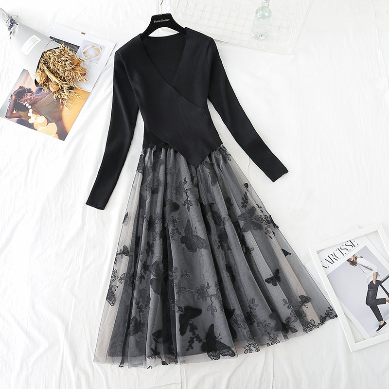 Irregular knit stitching fake two-piece mesh Butterfly Embroidery skirt female  2152