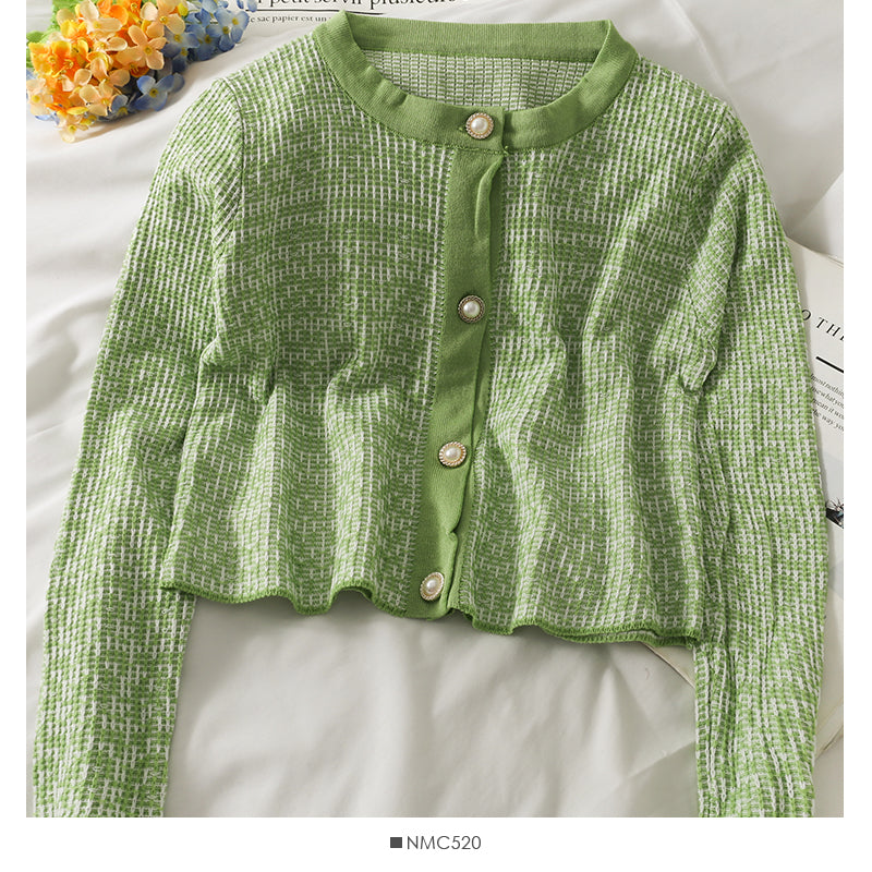 Korean Vintage round neck pearl single breasted plaid sweater  2030