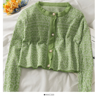 Korean Vintage round neck pearl single breasted plaid sweater  2030