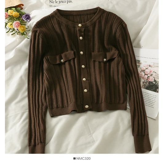 Bluse Damen Herbst Rundhals Langarm Knopf Strick 1773