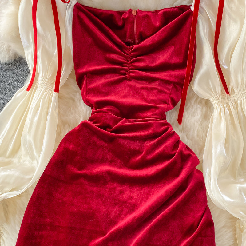 Sexy bubble sleeve temperament slim wrap hip dress  3264