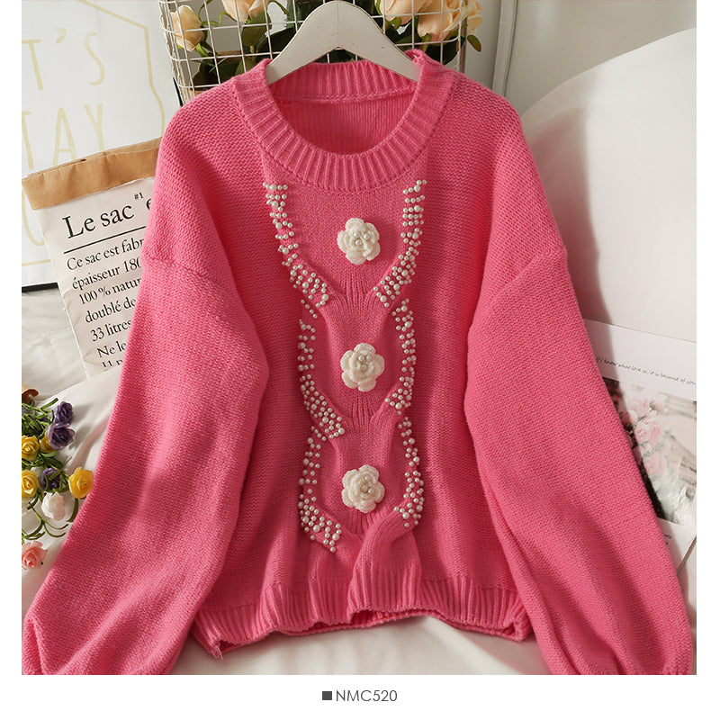 Han Fan nail bead three-dimensional flower round neck bubble sleeve T-shirt  1944