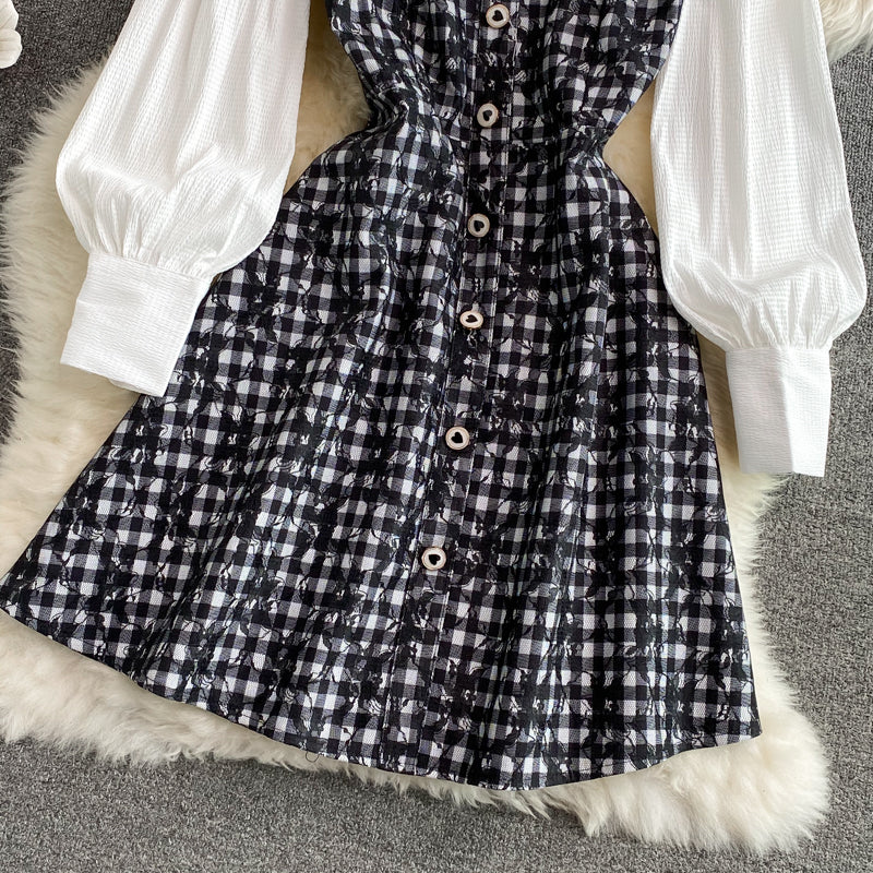 New design shirt collar patchwork chest cutout dress  3119