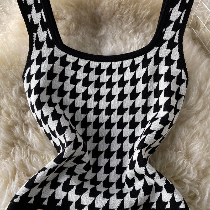 Vintage square neck thousand bird check black and white contrast dress  2793