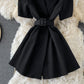 Slim waist, solid color short sleeve suit dress  3197