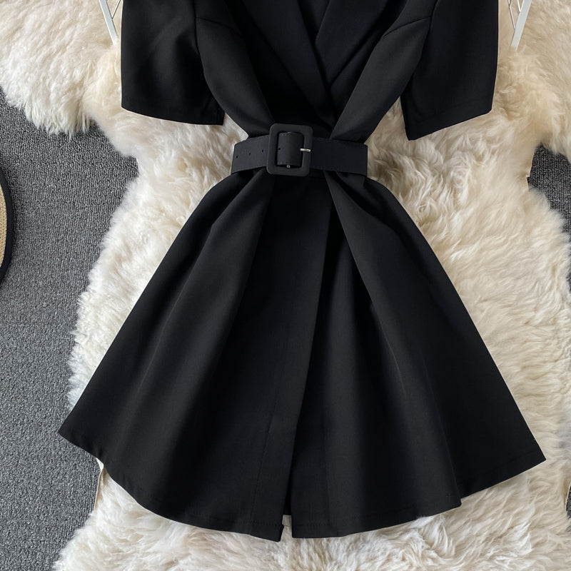 Slim waist, solid color short sleeve suit dress  3197