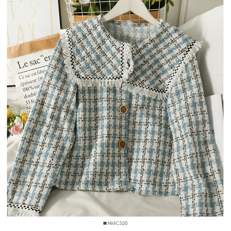 Hong Kong style retro tassels woolen baby collar tweed short shirt style coat women  2119