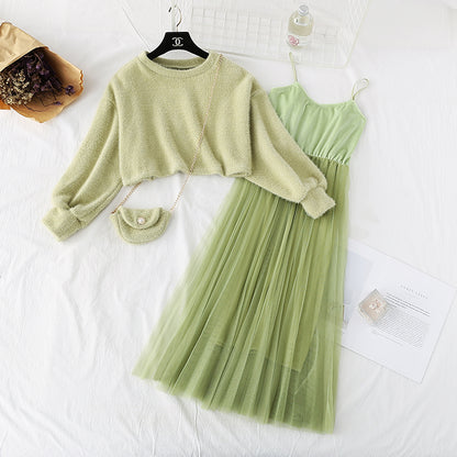 Woolen suit long skirt two-piece sling mesh with bottom dress  2154